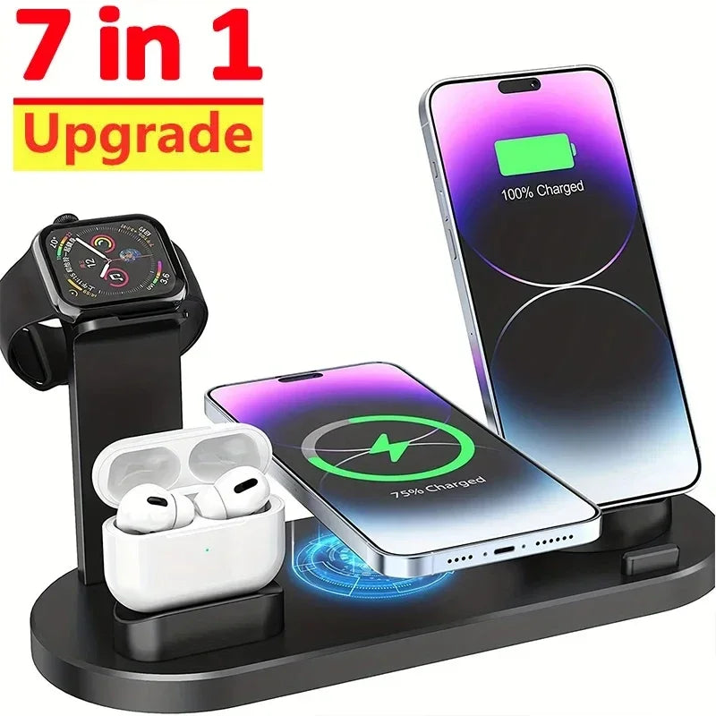 Carregador Sem Fio 7 em 1: Base Rápida para iPhone, Apple Watch e AirPods